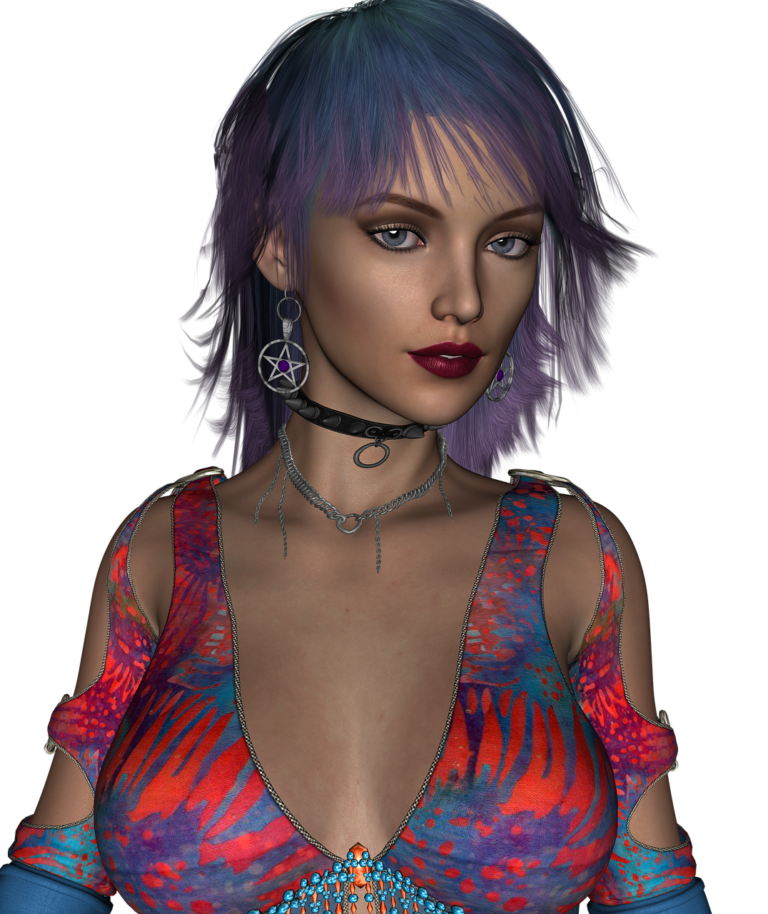 a woman with purple hair is posing for a picture, a character portrait, trending on cg society, seductive. highly detailed, loosely cropped, bohemian digitals, looking her shoulder