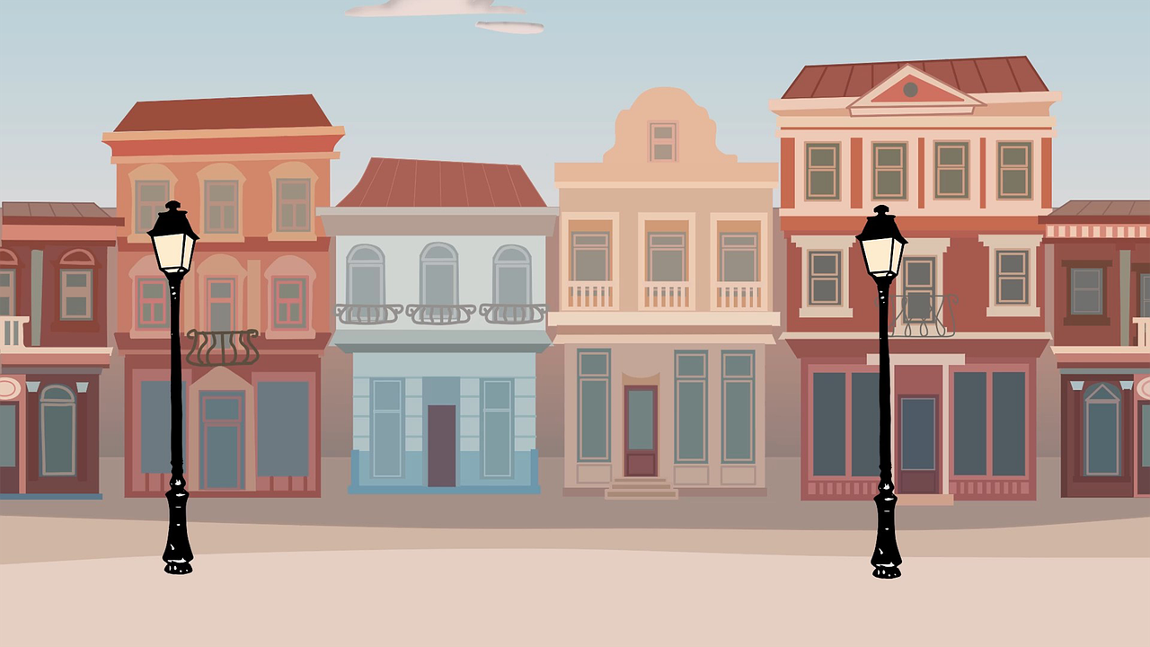 a street light in front of a row of buildings, inspired by Emiliano Ponzi, shutterstock, baroque, cuban revolution, 2d game background, establishing shot, old west town