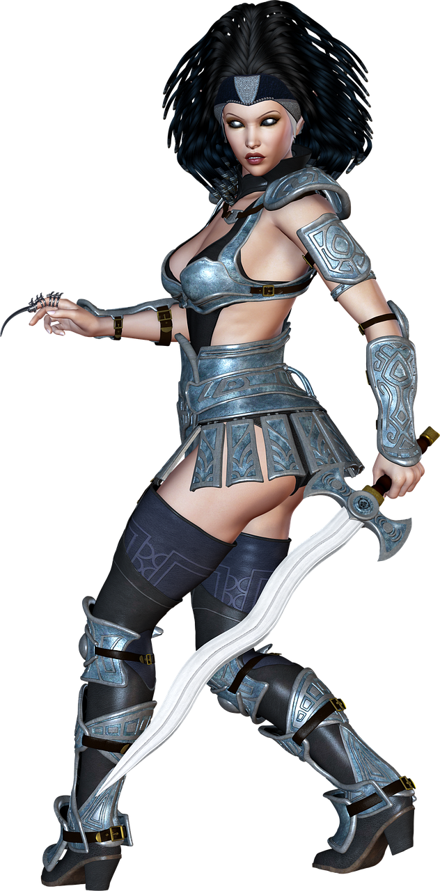 a woman dressed in armor holding a sword, a 3D render, inspired by Leng Mei, wearing xena armor, blue and ice silver color armor, 3d female character model, skimpy leather armor