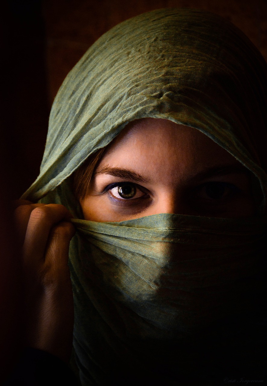 a woman with a veil covering her face, inspired by Steve McCurry, pixabay contest winner, renaissance, portrait of bedouin d&d, portrait of a sharp eyed, looking outside, rpg_portrait