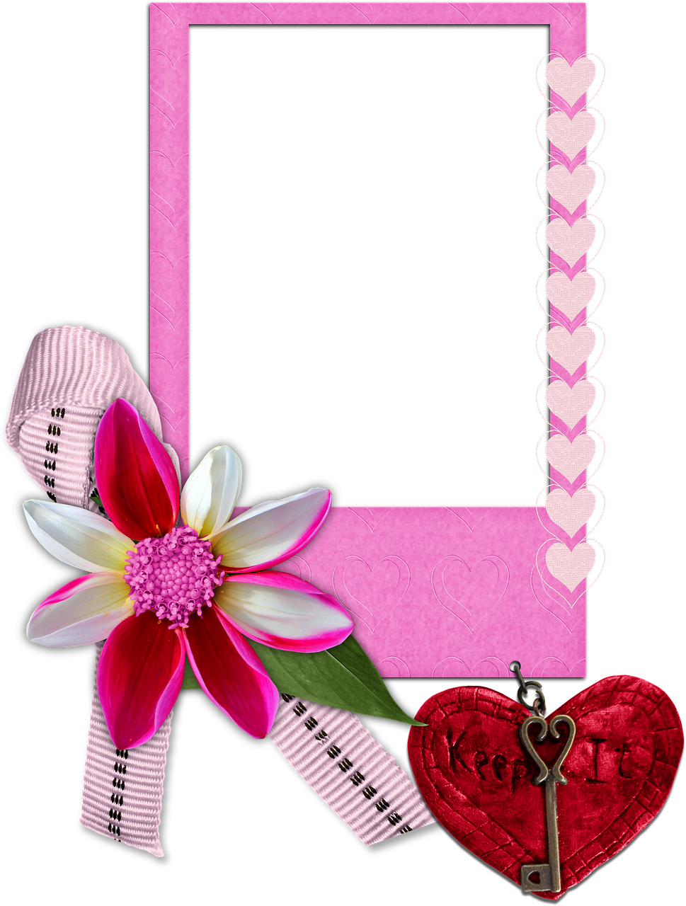 a picture frame with a heart and a flower, inspired by Lucette Barker, pink accents, kdp, looking from side!, ribbons and flowers