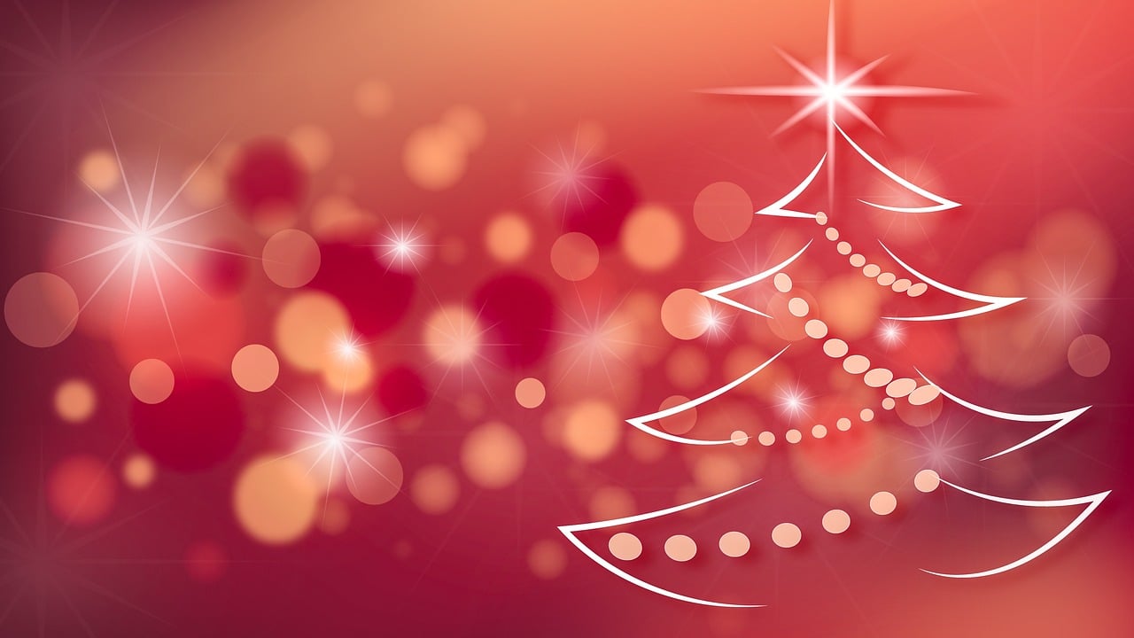a christmas tree with a star on top of it, by Maksimilijan Vanka, trending on pixabay, digital art, light red and orange mood, bokeh backdrop, istockphoto, red wallpaper design