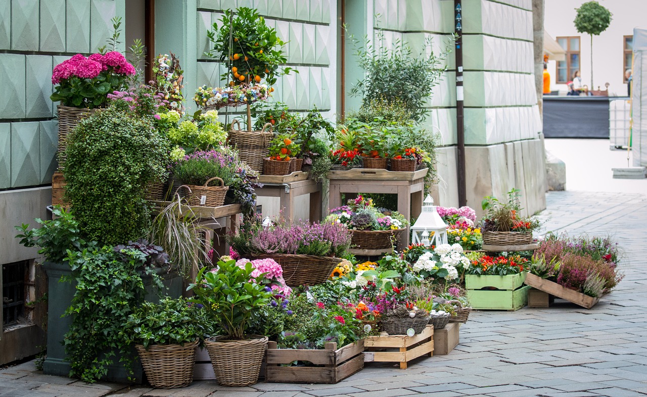 a bunch of baskets that are on the side of a building, shutterstock, romanticism, flower shop scene, lots of plants and flowers, vienna, bed of flowers on floor