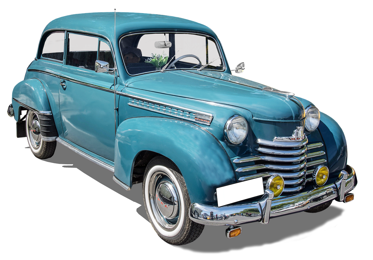 a blue classic car on a black background, a colorized photo, by Derek Hill, trending on pixabay, pop art, dressed like in the 1940s, soviet - era, on clear background, various posed