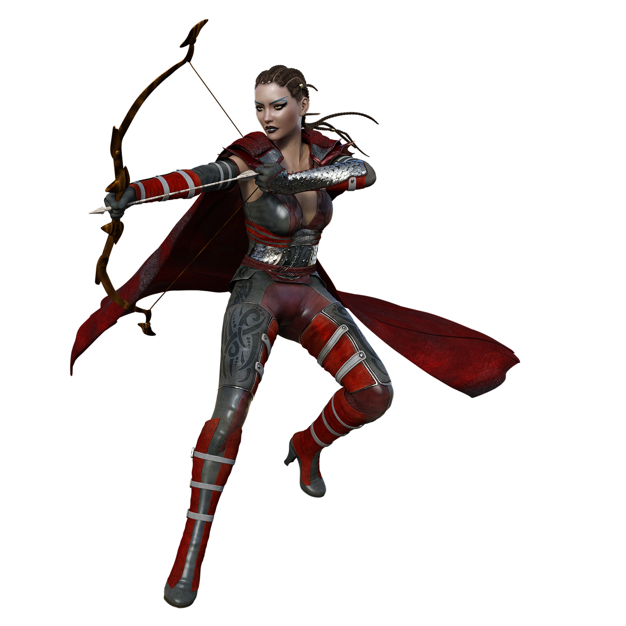 a woman in armor holding a bow and arrow, trending on cg society, red realistic 3 d render, dark sorceress fullbody pose, ingame image, various posed