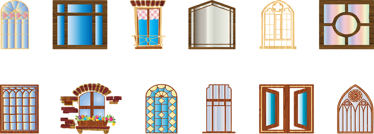 a set of different types of windows and doors, concept art, art nouveau, on a black background, clipart, beautiful screenshot, 4