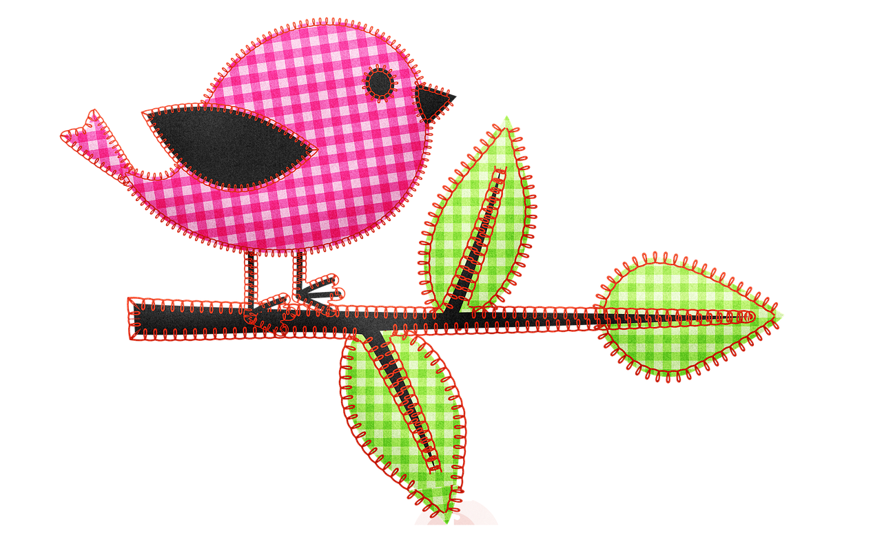 a pink bird sitting on top of a tree branch, a digital rendering, inspired by Paul Bird, pixabay, naive art, patchwork doll, fluo details, checkered motiffs, bright on black