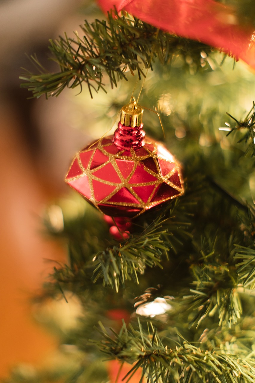 a red ornament hanging from a christmas tree, a picture, by Jakob Gauermann, shutterstock, hexagonal shaped, bangalore, ornate decoration, media photo