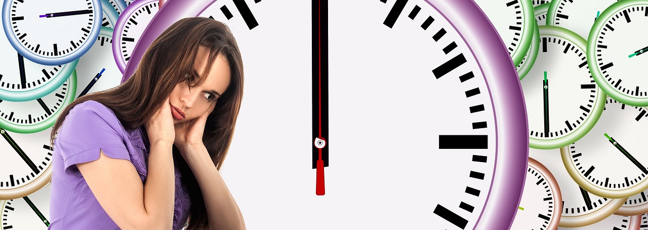 a woman sitting in front of a bunch of clocks, a poster, trending on pixabay, minimalism, exhausted face close up, split in half, holding scale, made with photoshop