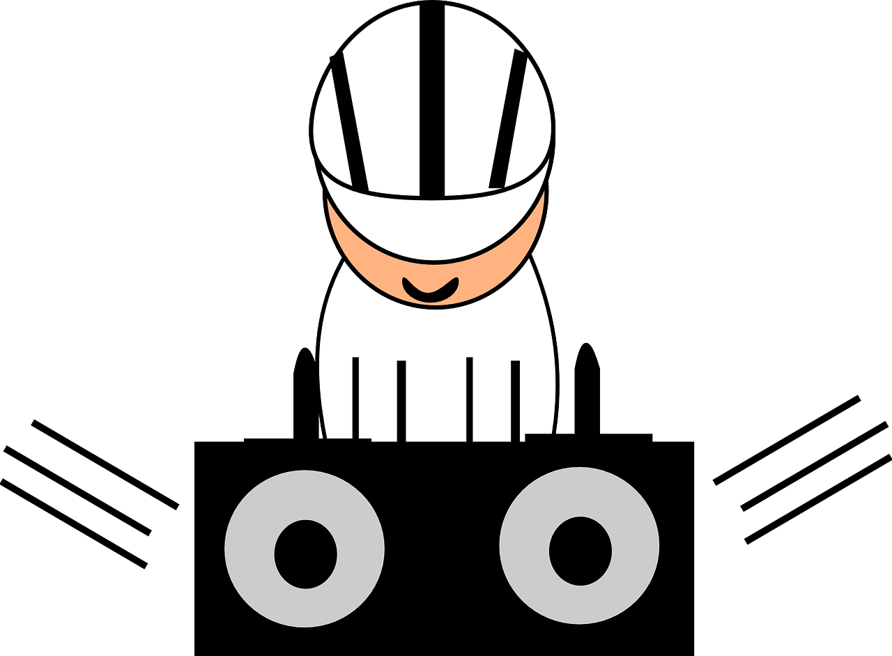 a man in a helmet on top of a radio, a cartoon, inspired by Oskar Schlemmer, pixabay contest winner, purism, twintails white_gloves, dj mixer, race car, big symmetrical eyes of bjork