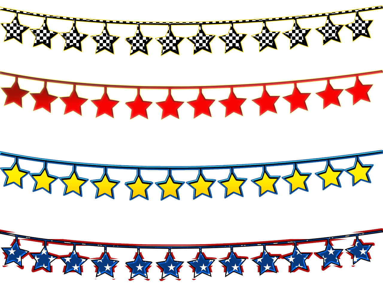a bunch of stars hanging from a string, a digital rendering, folk art, nascar race, borders, 4 colors, banners