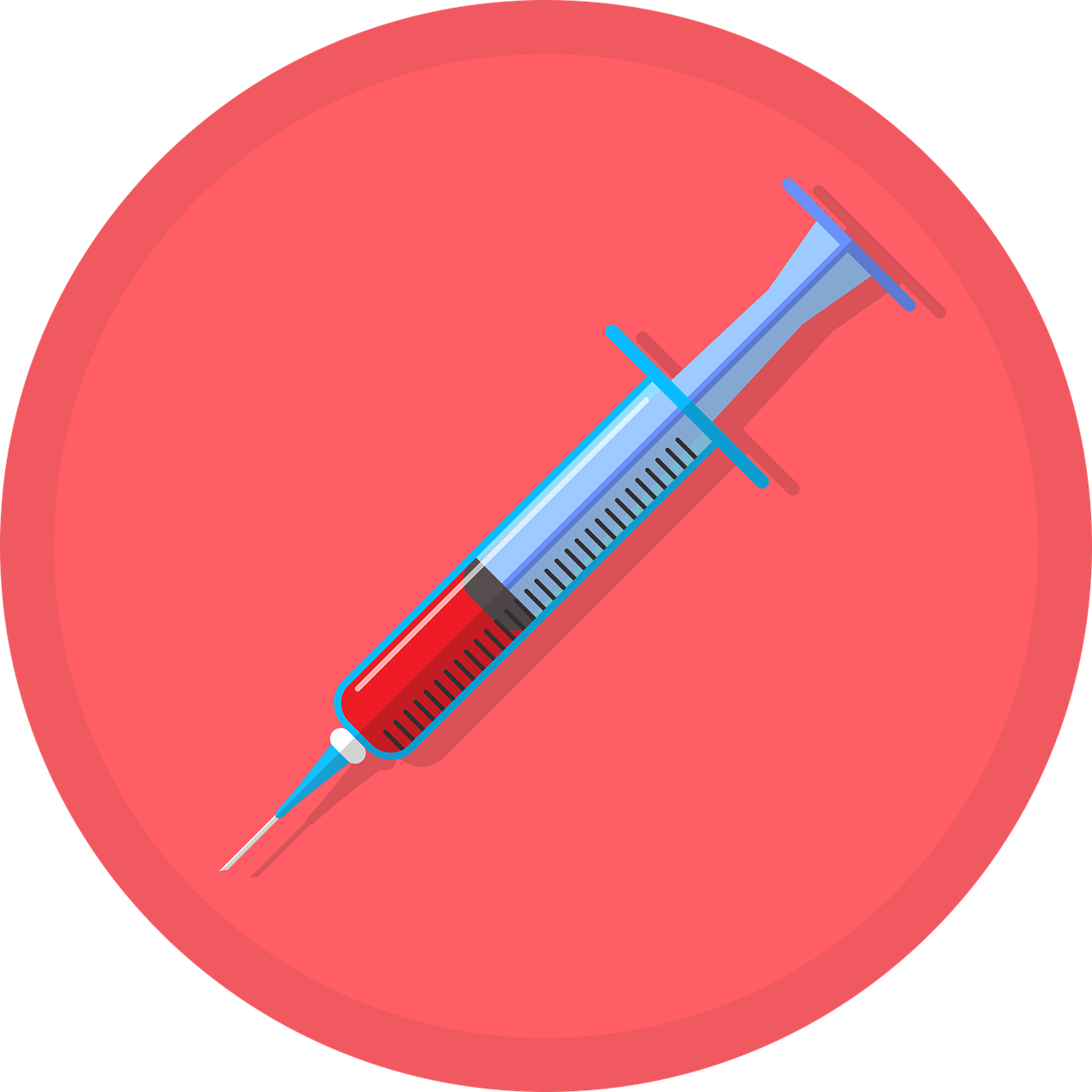 a syll in a red circle on a black background, vector art, shutterstock, syringes, 3 d icon for mobile game, colorful medical equipment, on a red background