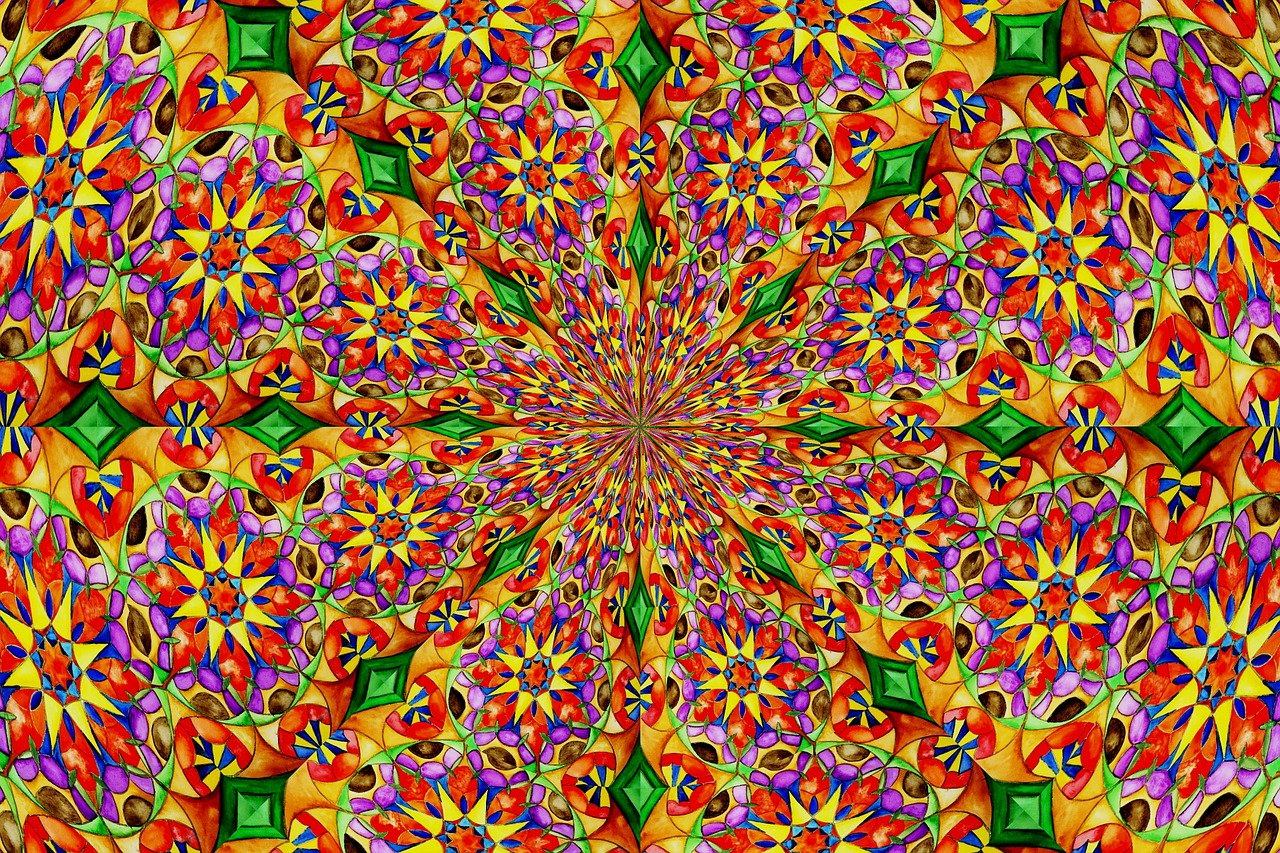 a close up of a colorful flower design, by Jon Coffelt, psychedelic art, !!! very coherent!!! vector art, centered in panel, colorful crystals, gold green and purple colors”