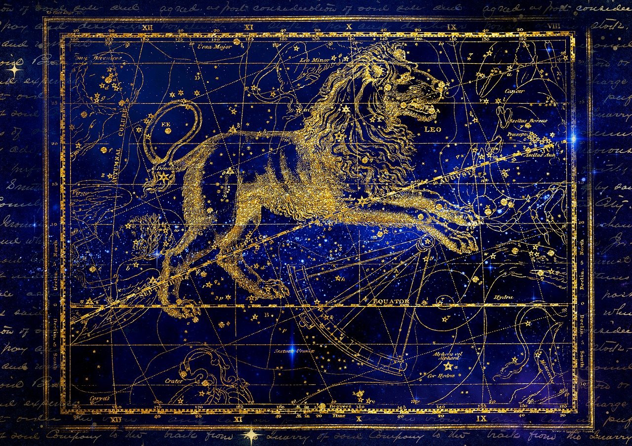 a painting of a golden horse on a blue background, digital art, shutterstock, star charts, lion, 19 century, star map