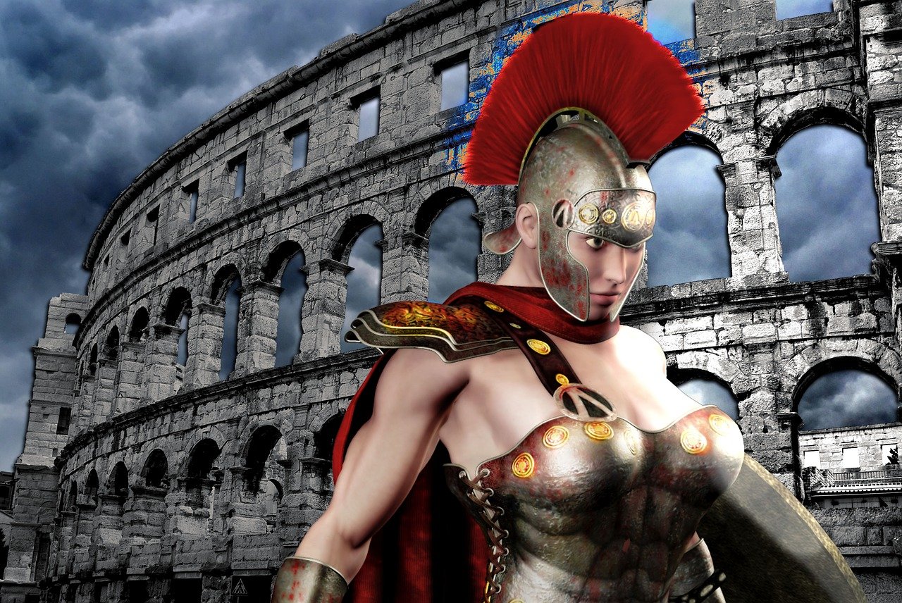 a woman in armor standing in front of a building, a digital rendering, inspired by Caesar van Everdingen, inside the roman colliseum, a beautiful woman warrior, spartan rage, giantess