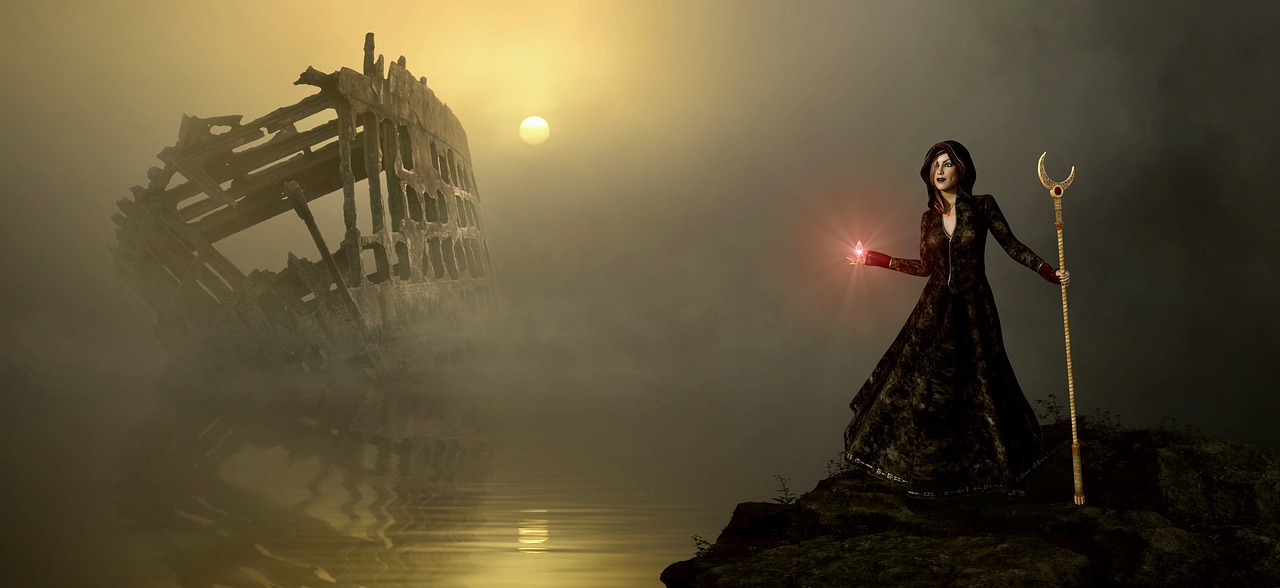 a woman standing on top of a rock next to a body of water, a matte painting, inspired by John Atkinson Grimshaw, digital art, glowing fog, sunken ship, evil princess of the wasteland, a woman holding an orb