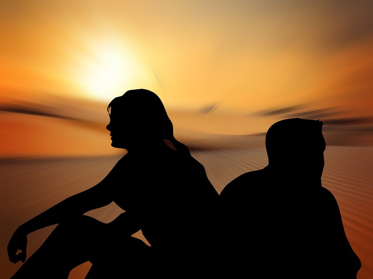 a silhouette of a man and a woman sitting next to each other, a picture, by Kuno Veeber, pixabay, romanticism, unhappy, in a golden sunset sky, rendered image, stock photo