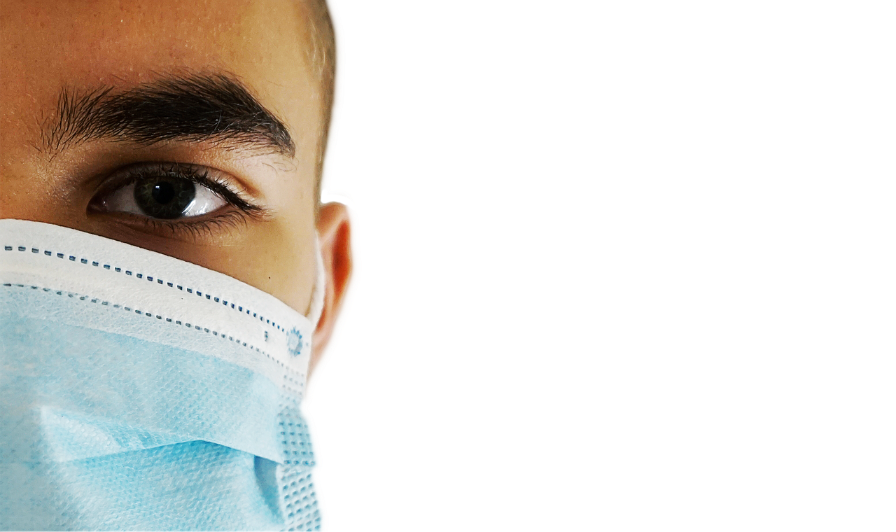 a close up of a person wearing a face mask, a stock photo, by Paul Davis, happening, hospital background, banner, looking away from viewer, young male