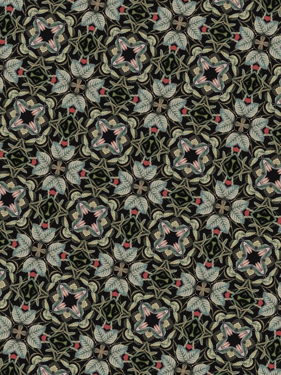 a pattern of flowers and leaves on a black background, a digital rendering, inspired by William Morris, entwined hearts and spades, green and pink fabric, dmt visuals, dubai