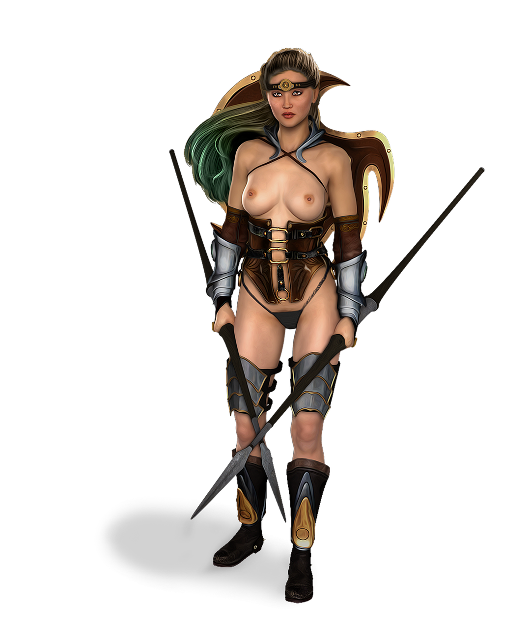 a woman dressed in armor holding two swords, fantasy art, realistic shaded perfect body, bronze skin, robin, depicted as a 3 d render