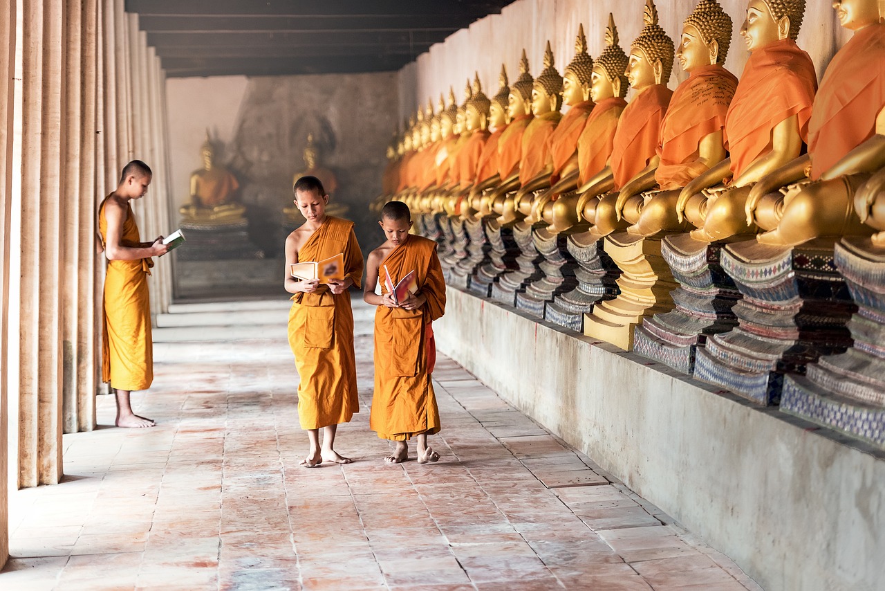 a couple of people that are standing in a room, inspired by Steve McCurry, pexels, full body picture of a male monk, thai temple, statues, wearing brown robes