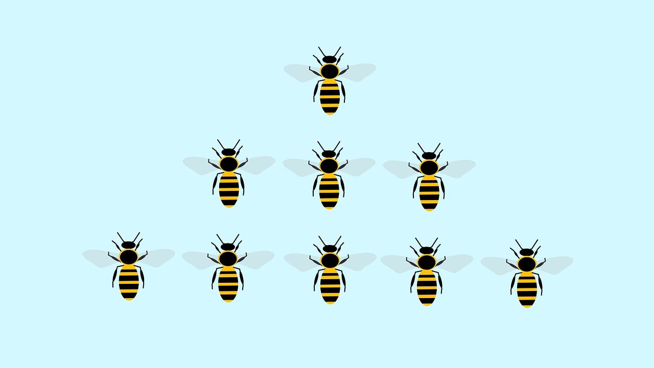 a group of bees standing next to each other, an illustration of, by Carey Morris, shutterstock, symmetry illustration, plan, revolutionary, in rows