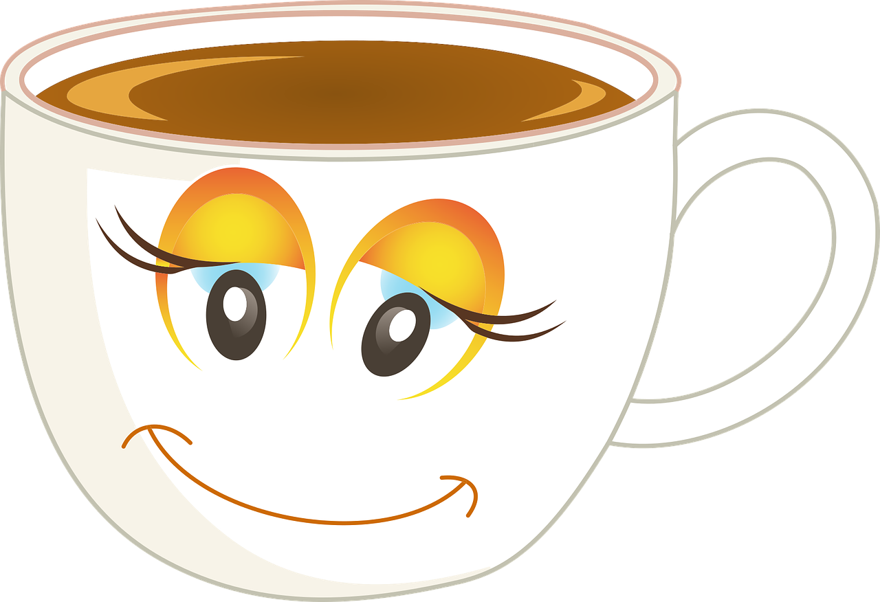 a cup of coffee with a face drawn on it, pixabay, mingei, happy smiling human eye, tea cup, no gradients, - i
