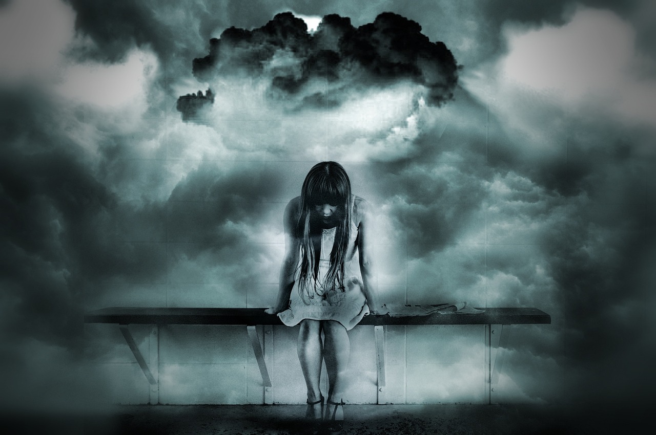 a woman sitting on a bench in front of a cloudy sky, a picture, surrealism, scary stories, tears, in clouds of smoke, depression atmosphere