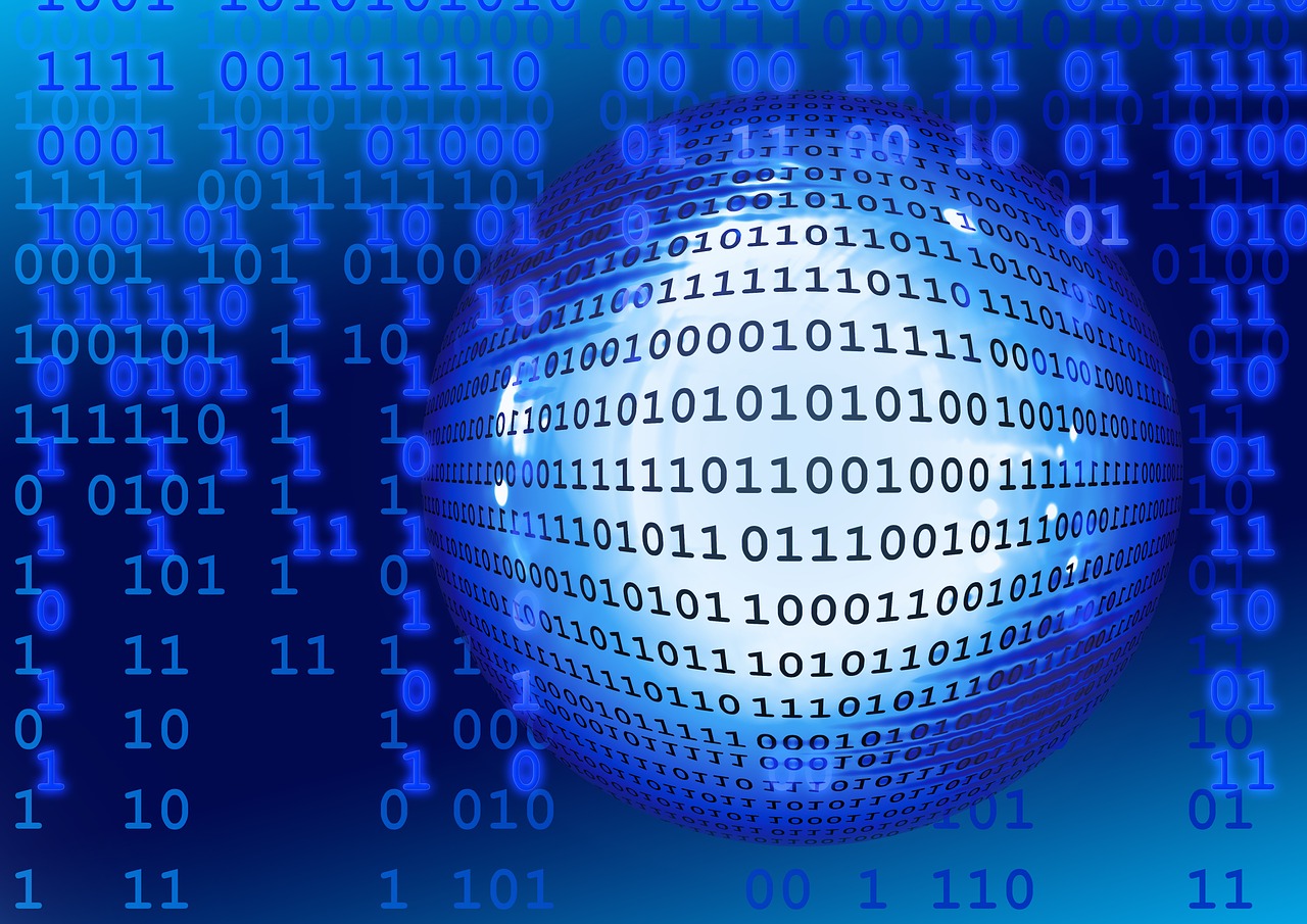 a sphere surrounded by numbers on a blue background, a digital rendering, binary, discovered photo, computer, matrix text