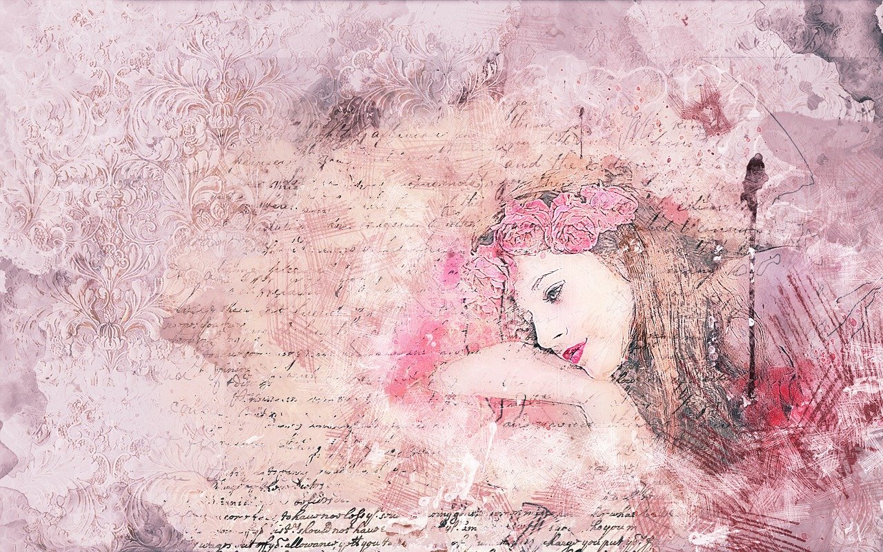 a painting of a woman with flowers in her hair, a digital painting, inspired by Anna Boch, romanticism, faded pink, collage art background, weathered pages, dreaming