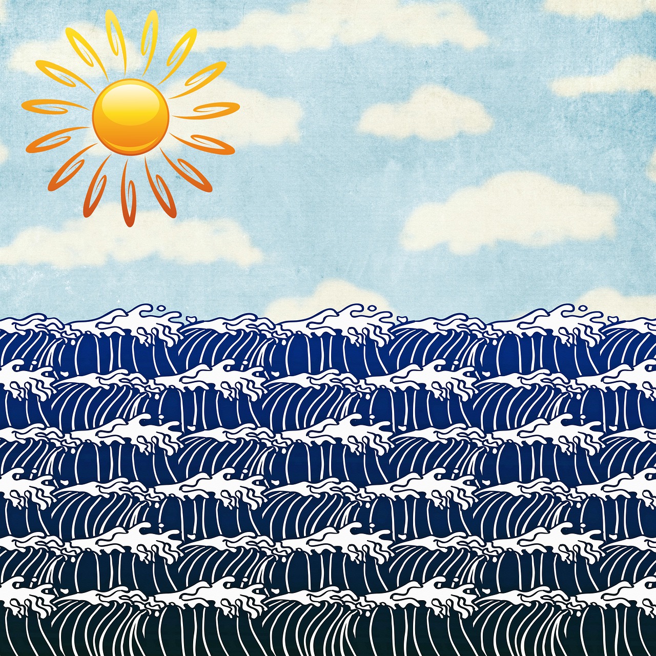 a painting of waves and a sun in the sky, an illustration of, by Nishida Shun'ei, shutterstock, naive art, mixed media style illustration, retro illustration, flood, sea line