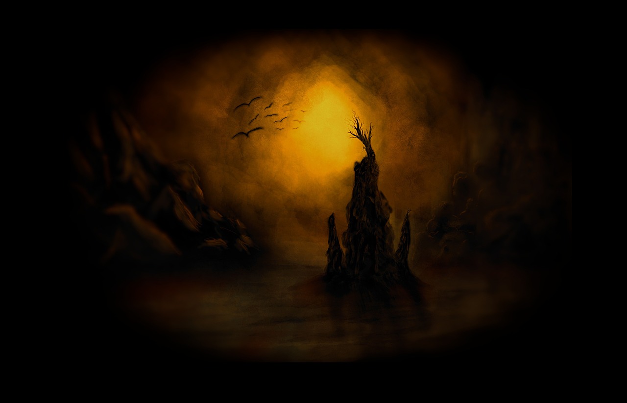a painting of a tree in the middle of a lake, concept art, inspired by Zdzisław Beksiński, romanticism, halloween wallpaper with ghosts, dark sun, tonalism illustration, on a dark rock background