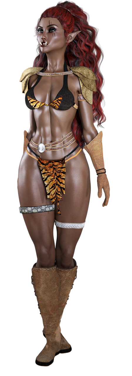 a close up of a statue of a woman with red hair, a screenshot, inspired by Leona Wood, afrofuturism, dressed in belts bikini, tiger skin, [ realistic photo ]!!, garter belt