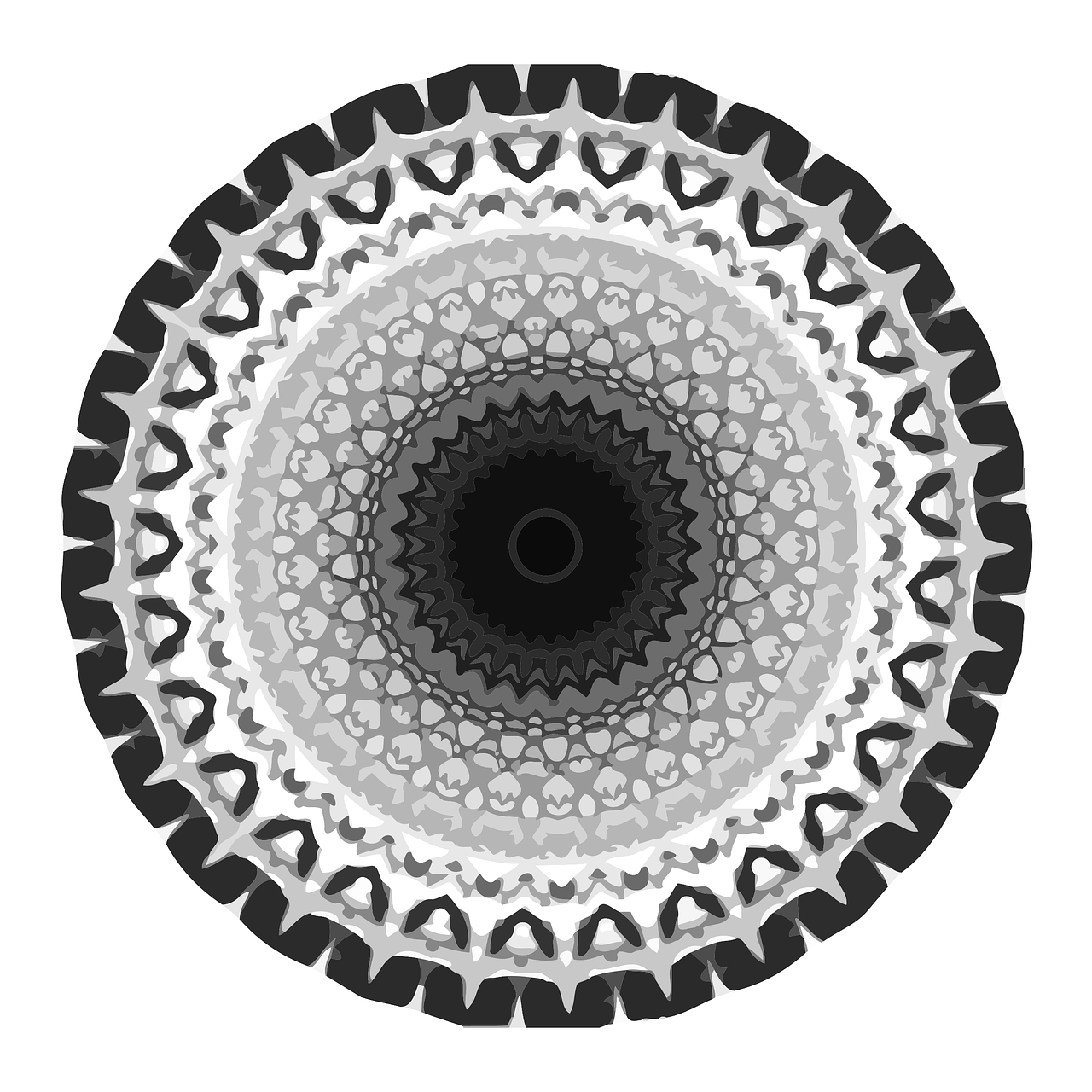 a black and white photo of a circular design, inspired by Benoit B. Mandelbrot, generative art, with gradients, lying on a mandala, bottom - view, gray scale