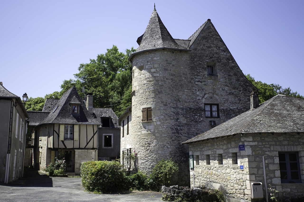 a couple of buildings that are next to each other, inspired by Pierre Toutain-Dorbec, shutterstock, romanesque, small cottage in the foreground, museum quality photo, watch tower, of a old 17th century
