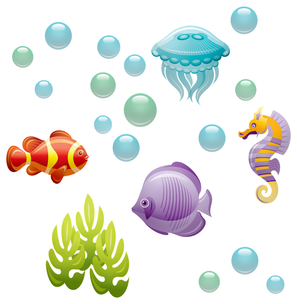 a group of different types of fish on a black background, an illustration of, baroque, seaweed and bubles, clipart icon, toys, sea like jelly