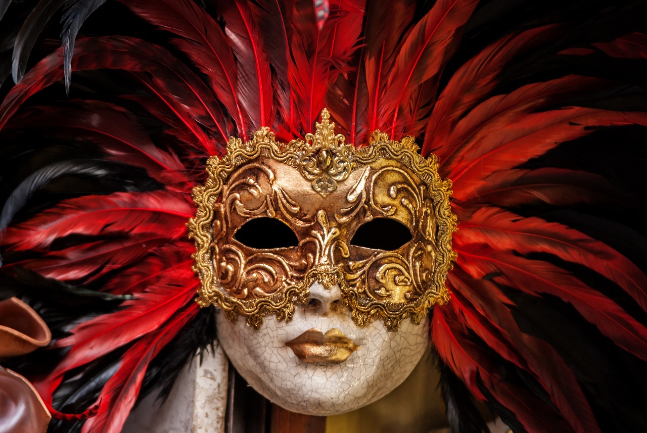 a close up of a mask with red feathers, a portrait, shutterstock, baroque, prize winning color photo, nitid and detailed background, red white and gold color scheme, rustic