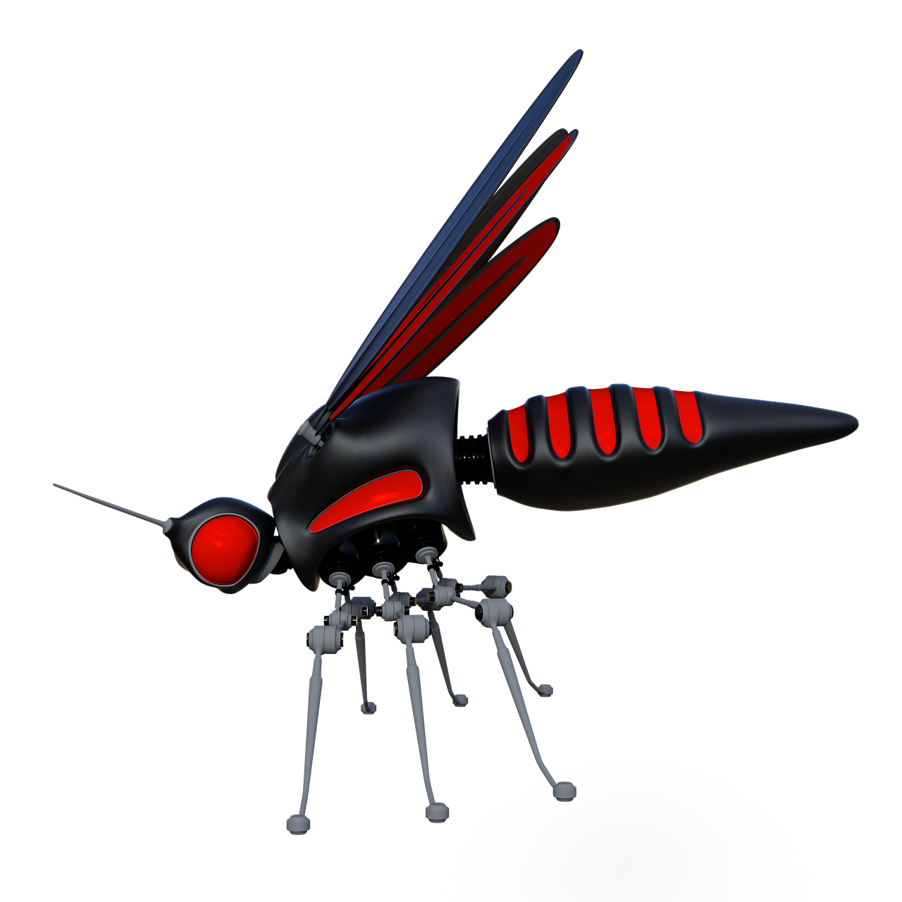 a close up of a flying insect on a black background, concept art, by Bob Ringwood, digital art, red and black robotic parts, realistic 3d model, antenna, black steel with red trim