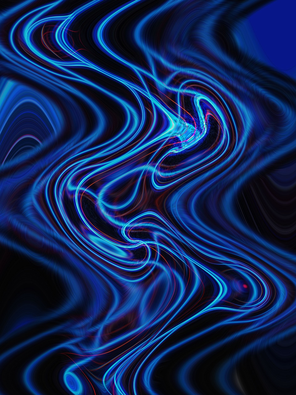 a close up of a blue and black background, digital art, abstract illusionism, energy flows of water and fire, neon outlines, sinuous, intertwined a dissolving