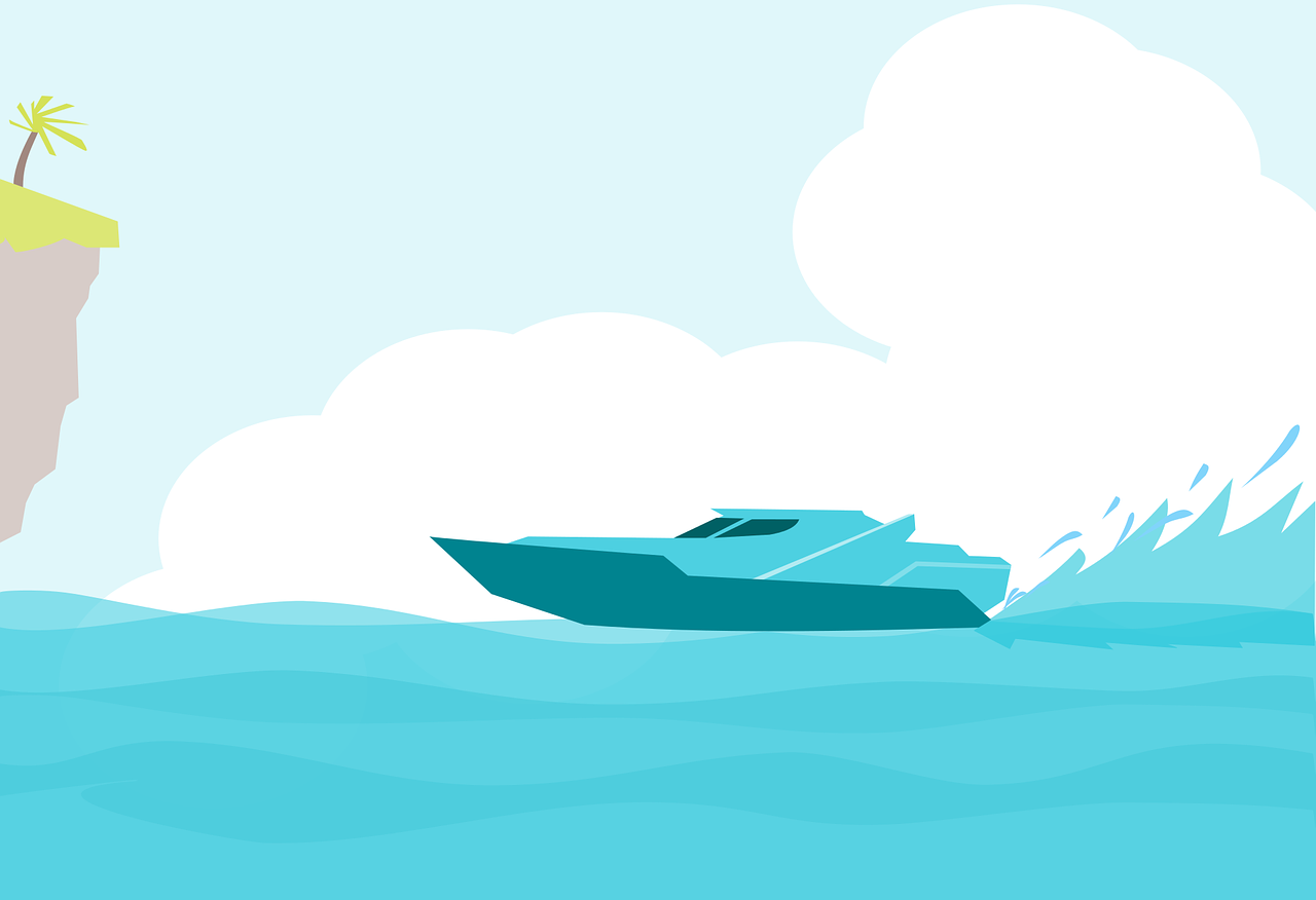 a boat in the middle of a large body of water, vector art, wipe out, profile shot, cyan atmosphere, white steam on the side