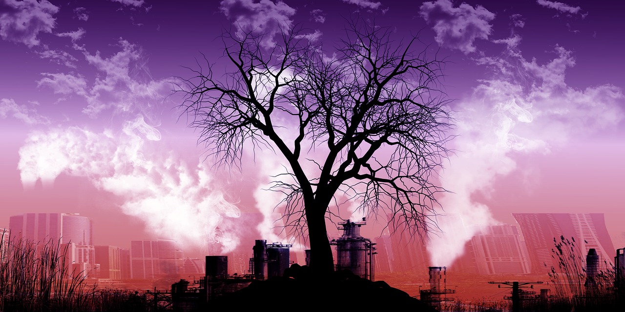 a tree in front of a factory with smoke coming out of it, inspired by Eyvind Earle, environmental art, purple omnious sky, decay, dying earth, arbor