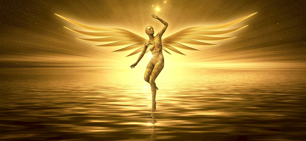 a golden angel flying over a body of water, by Eugeniusz Zak, pixabay contest winner, digital art, elegant gold skin, !!award-winning!!, dance meditation, heavenly glow