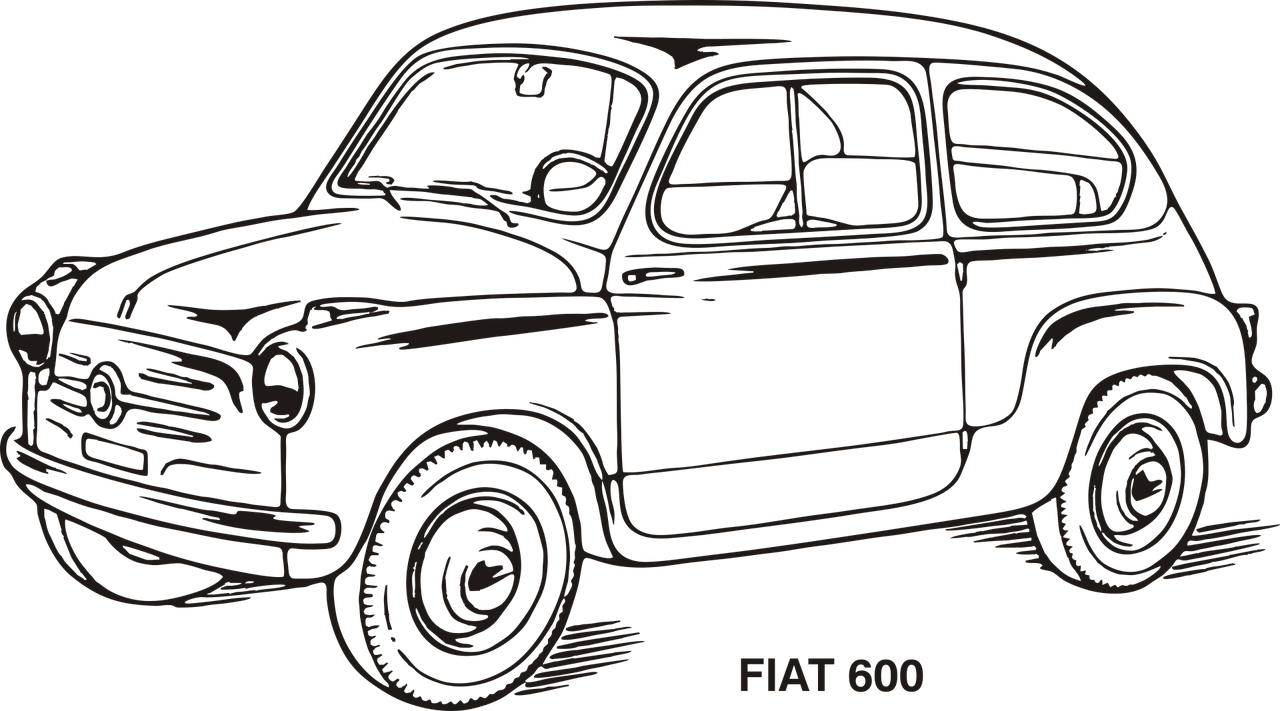 a black and white drawing of a small car, lineart, by Leo Goetz, trending on pixabay, pop art, on a flat color black background, italy, brown, 600mm
