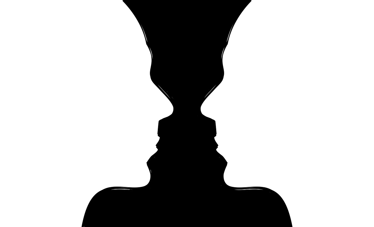 a silhouette of a person with a vase on their head, a raytraced image, by János Kass, trending on pixabay, abstract illusionism, two heads, mouth half open, vector svg art, very long neck