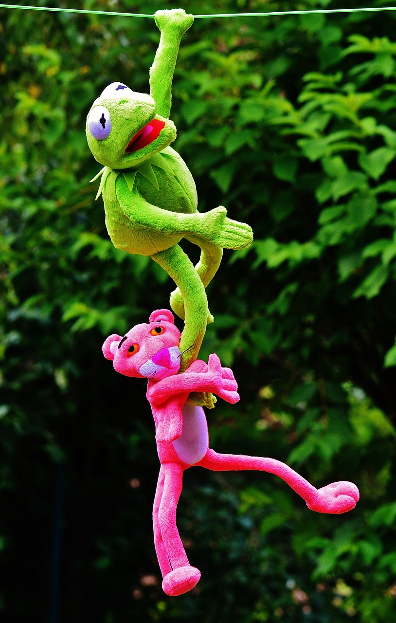 a stuffed animal hanging from a clothes line, by Ivan Grohar, pexels, jacksepticeye as a muppet, peepo the frog!!!, pink iconic character, reaching out to each other