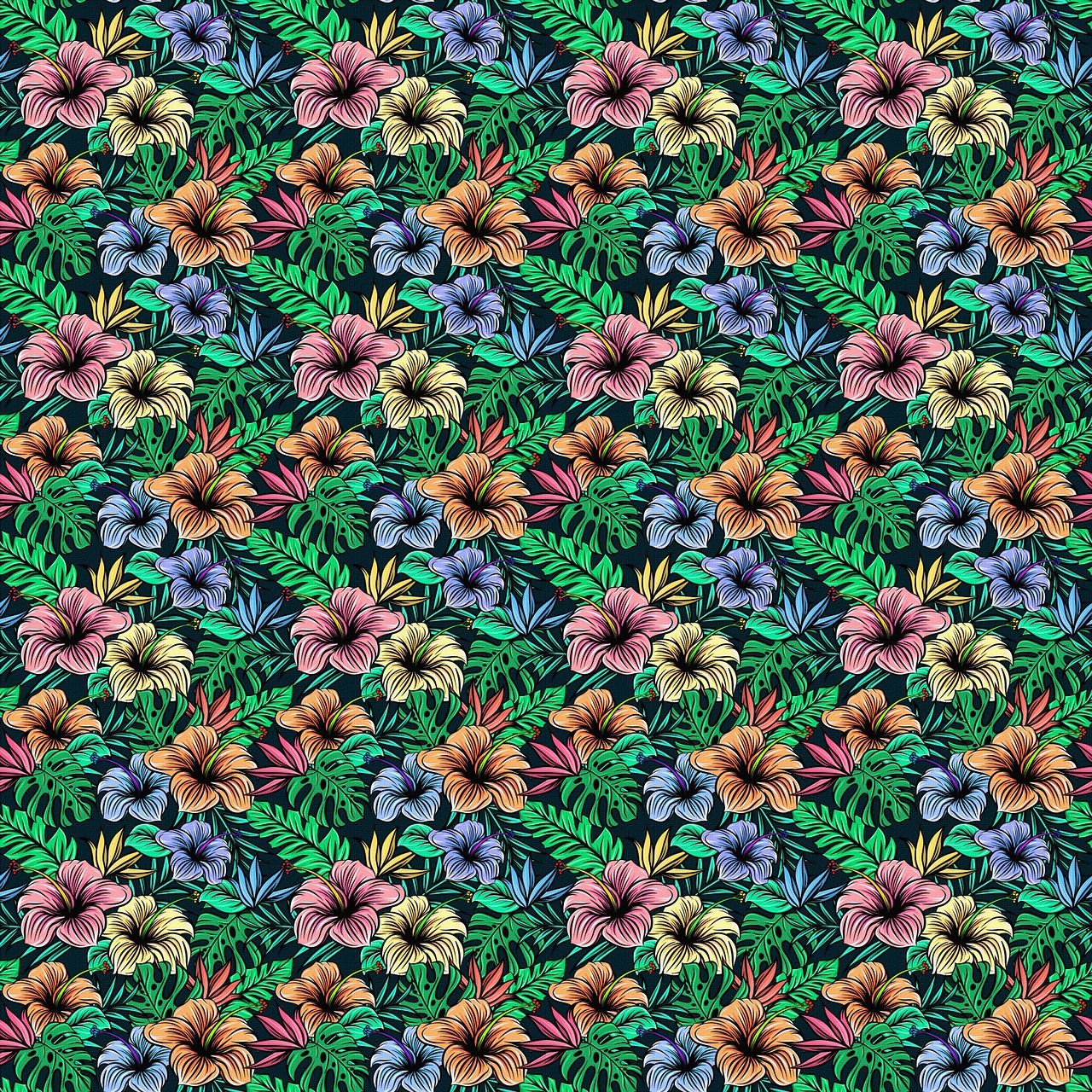 a pattern of flowers and leaves on a green background, shutterstock, maximalism, hibiscus flowers, full of colour 8-w 1024, with a black background, coloured with lots of colour