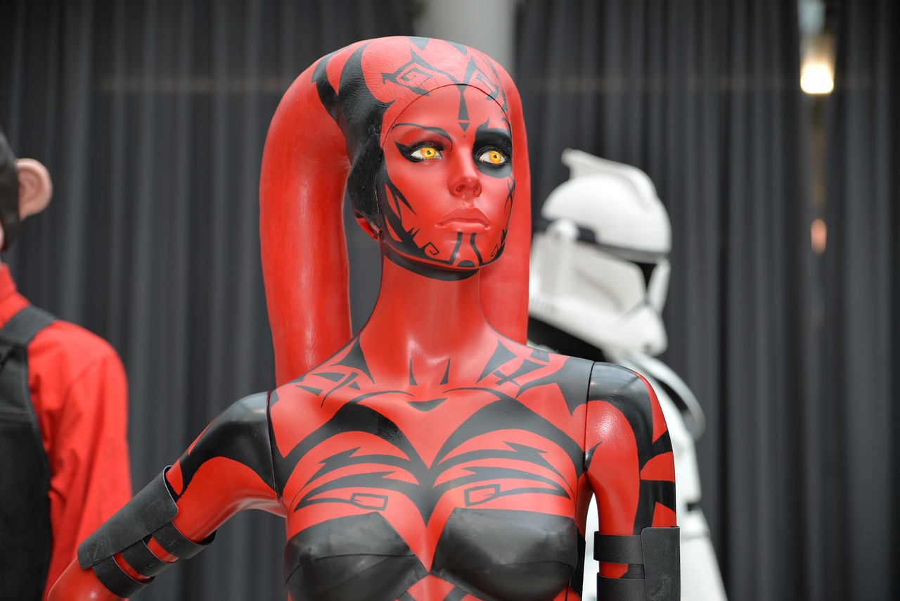 a close up of a woman in a star wars costume, a statue, flickr, toyism, on a mannequin. high resolution, black and red colors, cosplay photo, very accurate photo