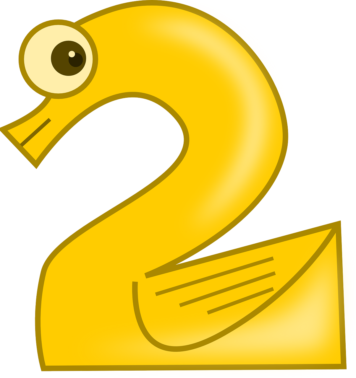 a yellow number two with googly eyes, inspired by Jacob Duck, pixabay, cobra, long thick shiny gold beak, !!! very coherent!!! vector art, swan, aum