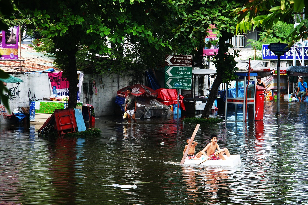 a couple of people in a boat on a flooded street, flickr, bangkok townsquare, people swimming, rich environment, foam