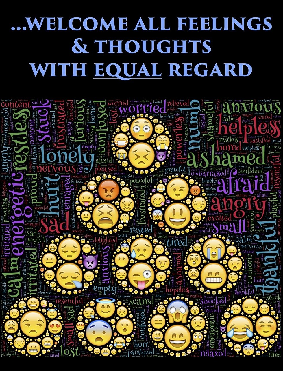 a poster with the words welcome all feelings with equal regard, a portrait, inspired by Ei-Q, trending on pixabay, fine art, digital art emoji collection, book cover art, regrets, sfw